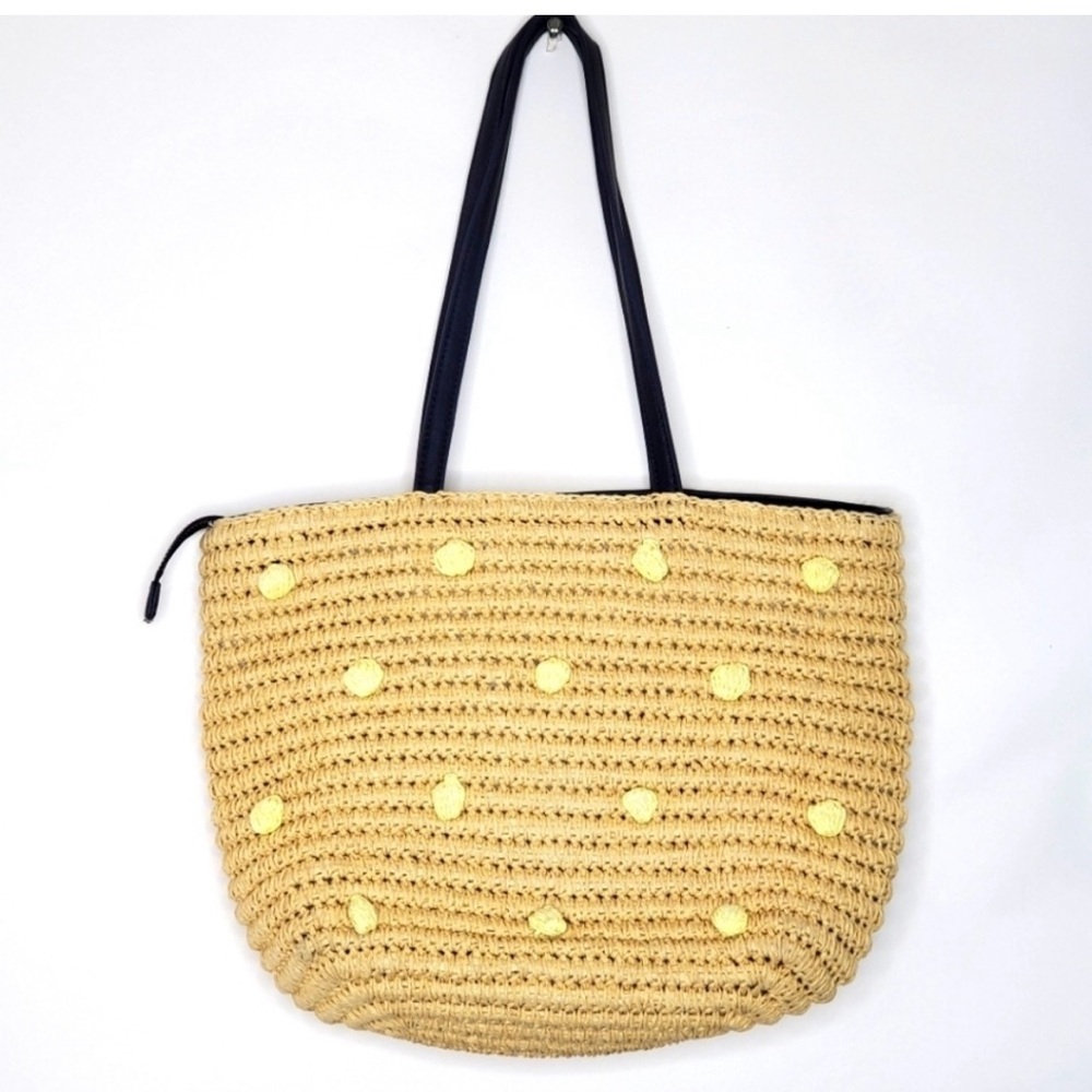 Talbots Paper Straw Bag with Leather Straps and Pom Poms Top Zip Beach Coastal